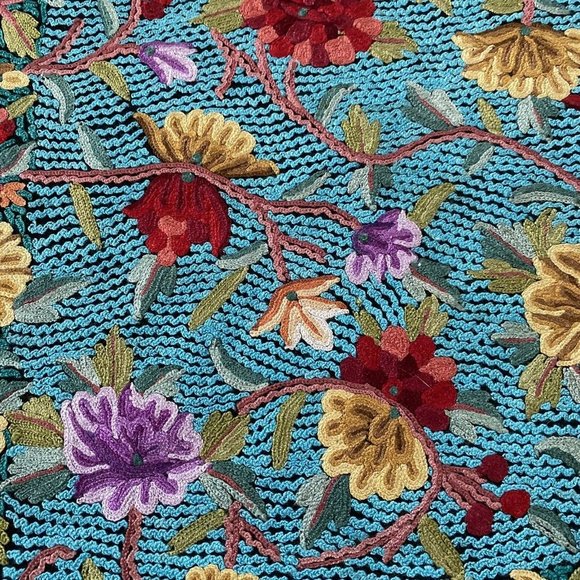 Kashmir Shawl Hand Embroidered Cashmere Hook Work Turquoise Indian Stole - Picture 6 of 12